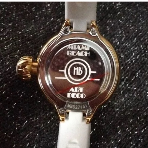 NEW MIAMI BEACH x GLAM ROCK “ART DECO” WHITE SILICONE GOLDTONE THIN STRAP WATCH - Picture 7 of 10